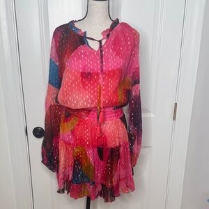 Oliphant Vibrant Pink and Multicolored with gold long sleeve mini Dress